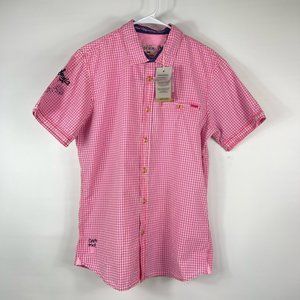 Camp David Men Denim Inc Button Up Shirt Neon Pink Windowpane Short Sleeve M New